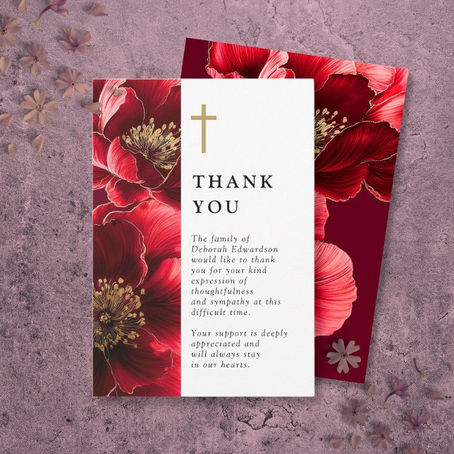 Cartão De Agradecimento Celebração Floral Cristã Vermelha Da Vida (Red Christian Floral Celebration Of Life Thank You Card)