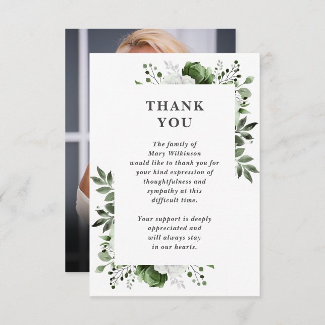 Cartão De Agradecimento Celebração Floral Verde Da Foto Funeral Da Vida (Frente/Verso)