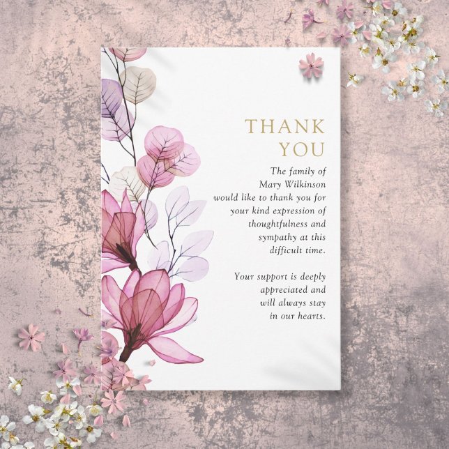 Cartão De Agradecimento Celebração Memorial Floral Rosa de Celebração de V (Pink Floral Memorial Celebration Of Life Funeral Thank You Card)