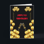 Cartão De Agradecimento Celebrando 5 de Casamento Aniversário Amor e Alegr<br><div class="desc">"Marcando um belo marco,  esta carta elegante apresenta um fundo negro impressionante adorado com balões de ouro brilhantes e uma tirpografia vermelha corajosa,  celebrando 5 anos de amor,  alegria e memórias queridas."</div>