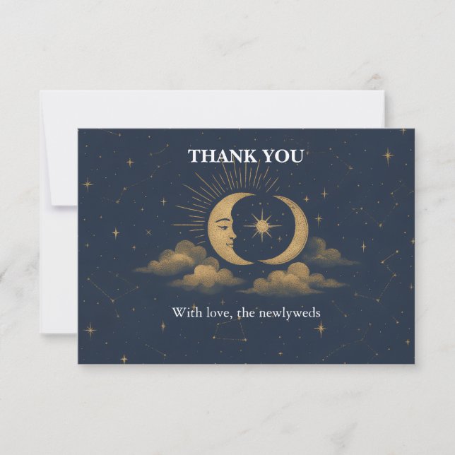 Cartão De Agradecimento Celestial Gold Moon Starry Night Wedding Thank You (Frente)