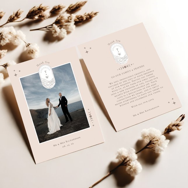 Cartão De Agradecimento Celestial Moon Stars Monograma Boho Obrigado Foto (Celestial Moon Stars Monogram Boho Thank You Photo)