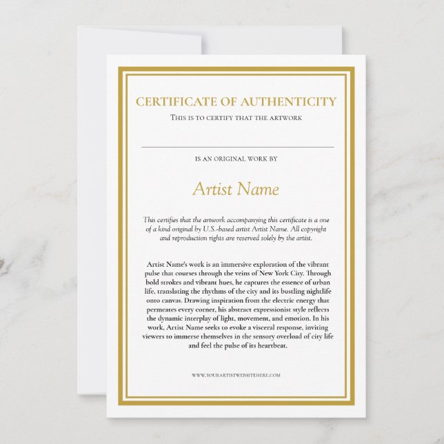 Cartão De Agradecimento Certificado de Autenticidade com Declaração de Art (Frente)