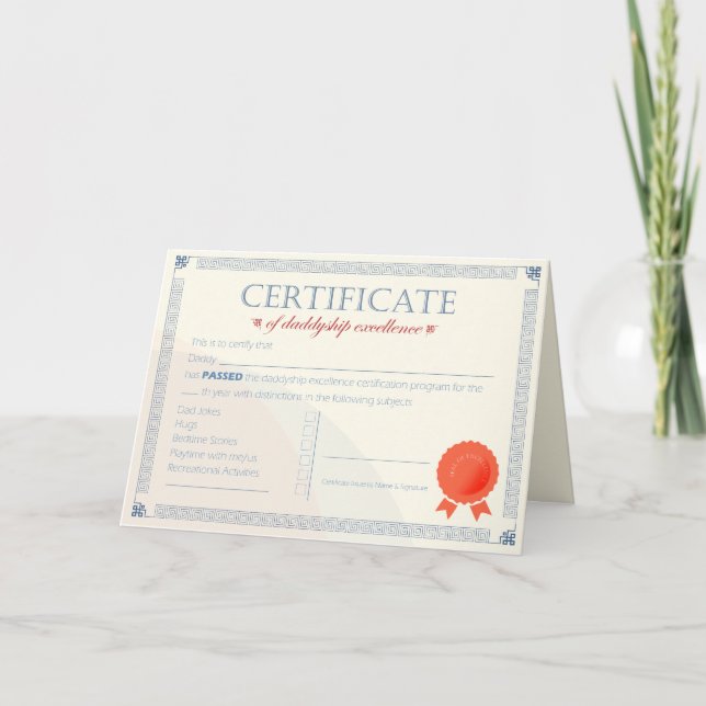 Cartão De Agradecimento Certificado de Excelência de Daddyship: Aprovado p (Frente)
