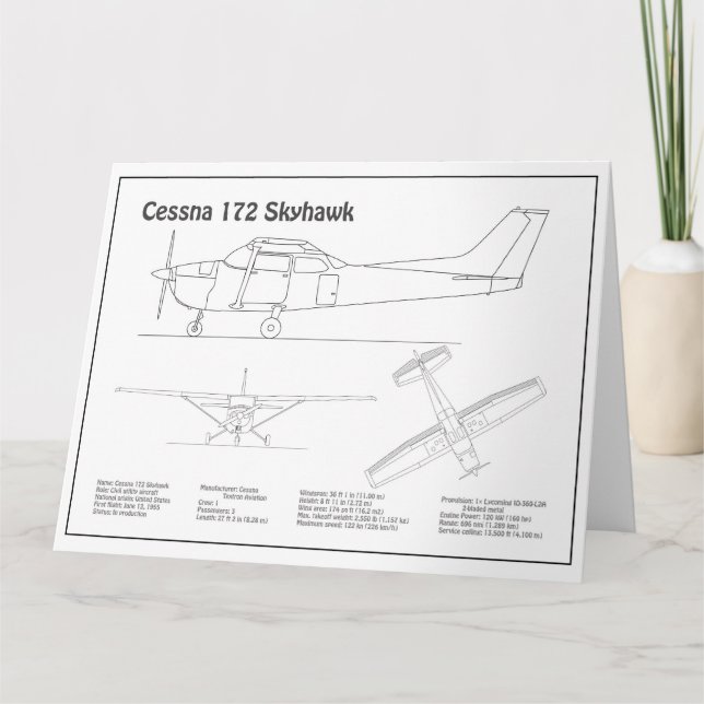 Cartão De Agradecimento Cessna 172 Skyhawk - Planos Blueprint de Avião BD (Frente)