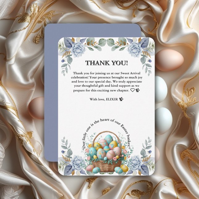 Cartão De Agradecimento Cesta de Ovos de Páscoa Floral Azul Elegante (Criador carregado)