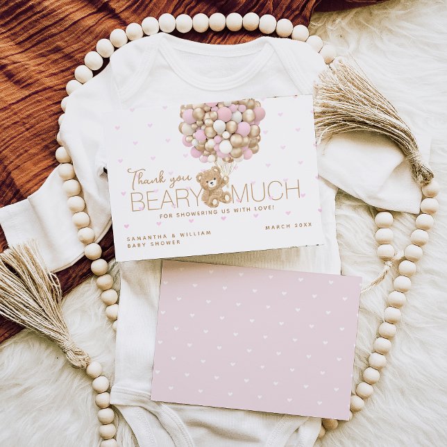 Cartão De Agradecimento Chá de Bear Rosa e Bebê Balão (Criador carregado)