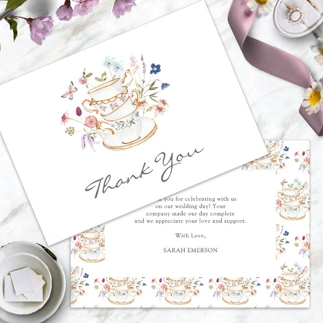 Cartão De Agradecimento Chá de Bebê à Moda Tea Party (Floral Tea Party Bridal Shower Thank You Card with Butterfly by Painted Paperie
)