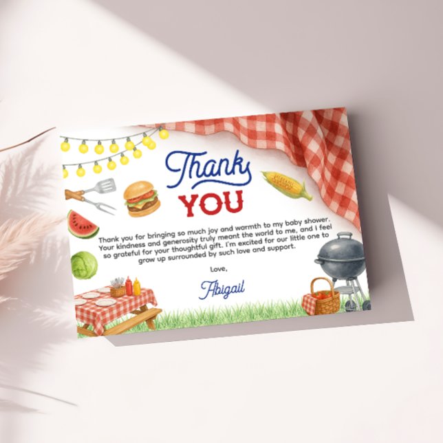 Cartão De Agradecimento Chá de Bebê Azul BBQ 5x3.5 (Blue BBQ Baby Shower 5x3.5 Thank You Card
)