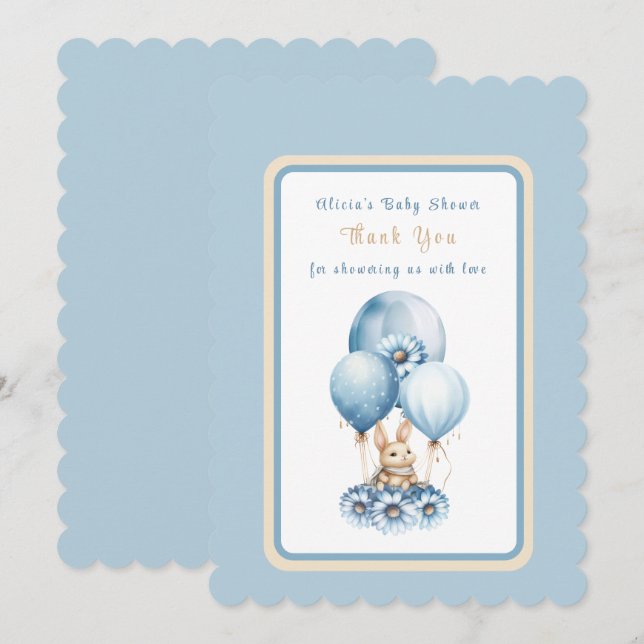 Cartão De Agradecimento Chá de Bebê Azul Coelho Voador (Frente/Verso)