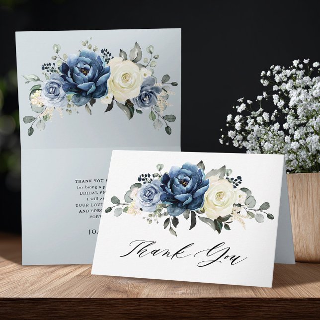 Cartão De Agradecimento Chá de Bebê Azul Empoeirado Champanhe Marfim Casam (Dusty Blue Navy Champagne Ivory Bridal Shower folded Thank You Card)