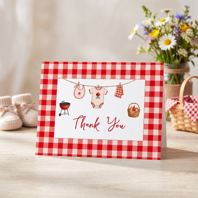 Cartão De Agradecimento Chá de Bebê BBQ Rustico Xadrez Vermelho (Bbq Baby Shower Rustic Red Gingham Thank You Card)