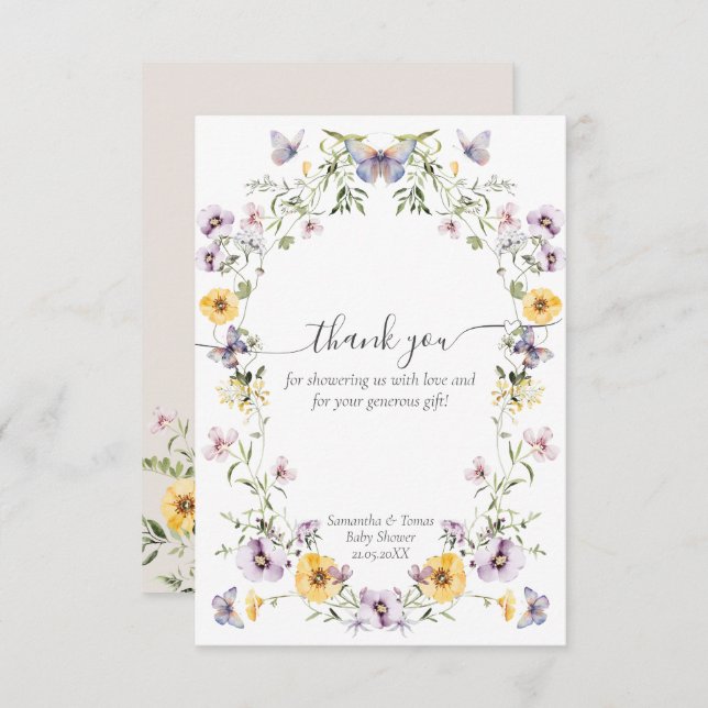 Cartão De Agradecimento Chá de Bebê Borboleta Flor Silvestre  (Frente/Verso)
