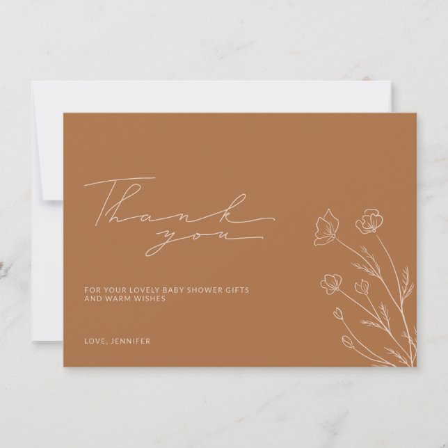 Cartão De Agradecimento Chá de Bebê Botânico Terracota Laranja Queimada (Frente)