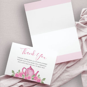 Cartão De Agradecimento Chá de Bebê Buquê Floral em Aquarela Rosa Bule de
