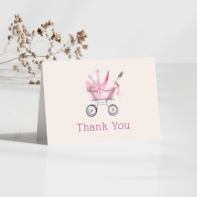 Cartão De Agradecimento Chá de Bebê Carrinho de Bebê Rosa (Criador carregado)