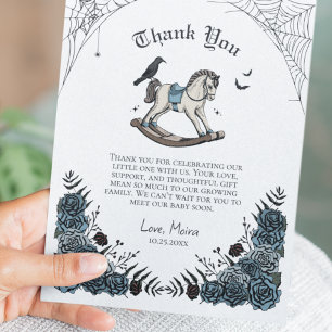 Cartão De Agradecimento Chá de Bebê Cavalo de Balanço Floral Azul Gótico