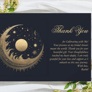 Cartão De Agradecimento Chá de Bebê Celestial Dourado e Preto Lua e Estrel