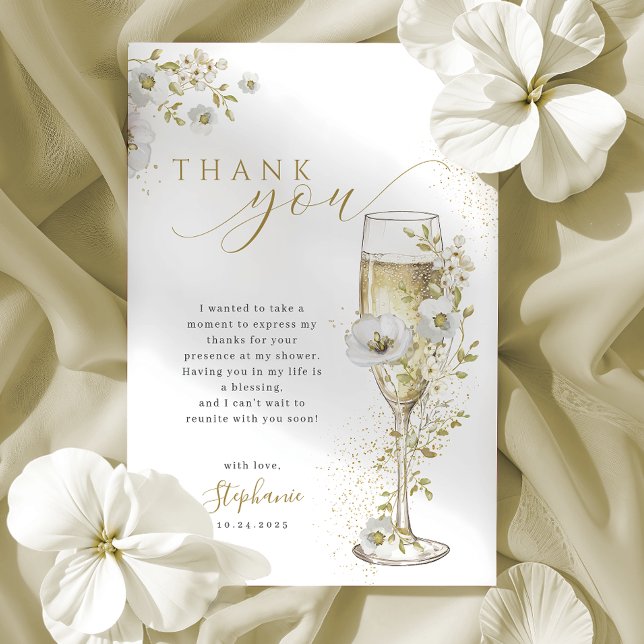 Cartão De Agradecimento Chá de Bebê com Pétalas e Prosecco de Flores Silve (Criador carregado)
