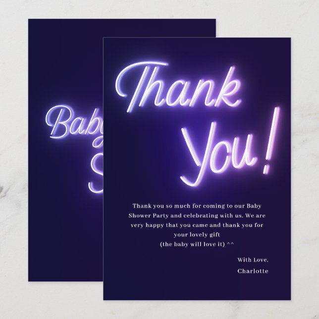 Cartão De Agradecimento Chá de Bebê com Texto Neon Roxo (Frente/Verso)