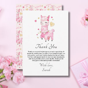 Cartão De Agradecimento Chá de Bebê de Llama Rosa em Aquarela