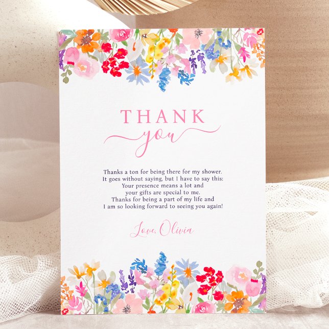 Cartão De Agradecimento Chá de bebê de noiva com flores silvestres de jard (Modern garden wildflowers script bridal shower thank you card)