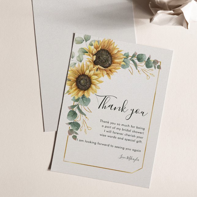 Cartão De Agradecimento Chá de Bebê de Noiva com Girassóis em Aquarela e E (Floral Sunflower Eucalyptus Wedding Thank You Card)