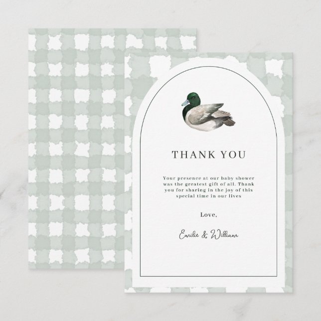 Cartão De Agradecimento Chá de Bebê do Pato Mallard Neutro Verde (Frente/Verso)