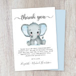 Cartão De Agradecimento Chá de Bebê Elefante Bonito<br><div class="desc">Cartões de agradecimentos de chá de bebê bonito com "obrigado você" em um roteiro de cinza com baloiços e uma cor azul pastel de elefante de bebê. Personalize seu obrigado e adicione seu(s) nome(s) em um script de assinatura ou deixe o vazio para uma nota manuscrita.</div>