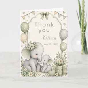 Cartão De Agradecimento Chá de Bebê Elefante Verde Sage