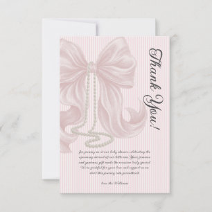 Cartão De Agradecimento Chá de Bebê Elegante com Laço Listrado Bege Rosa