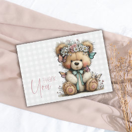 Cartão De Agradecimento Chá de Bebê Elegante Xadrez Teddy Floral Daisy
