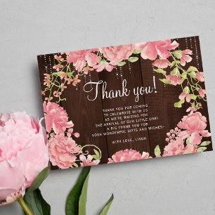 Cartão De Agradecimento Chá de bebê em madeira floral rosa aquarela rústic