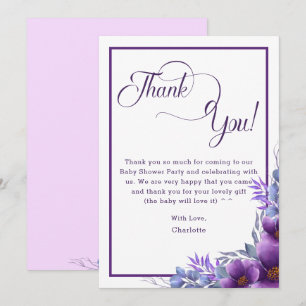 Cartão De Agradecimento Chá de Bebê Flor de Aguarela Roxa Elegante