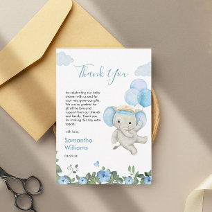 Cartão De Agradecimento Chá de Bebê Floral Balão Azul Elefante Fofo