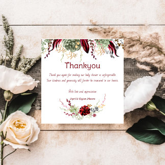 Cartão De Agradecimento Chá de Bebê Floral Burgundy Elegante