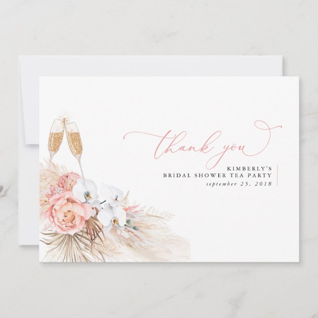 Cartão De Agradecimento Chá de Bebê Floral de Grama das Pampas Rosa OBRIGA (Frente)