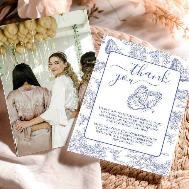 Cartão De Agradecimento Chá de Bebê Floral em Blue Chinoiserie Fotográfico (Criador carregado)