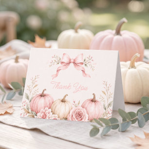 Cartão De Agradecimento Chá de Bebê Floral Little Pumpkin com Laço Rosa