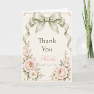 Cartão De Agradecimento Chá de Bebê Floral Verde Sage Coquette Bow