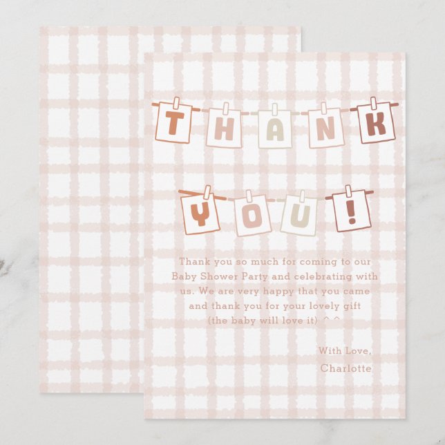 Cartão De Agradecimento Chá de Bebê Fofo Gingham Marrom Notedry (Frente/Verso)