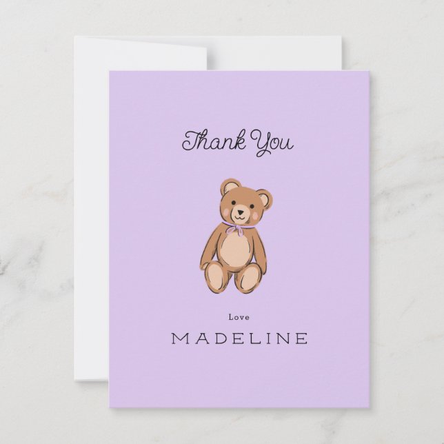 Cartão De Agradecimento Chá de Bebê Lilás Roxo Ursinho Clássico (Frente)