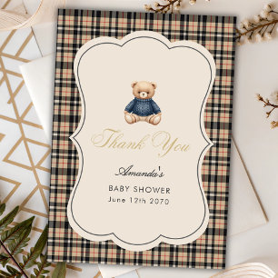 Cartão De Agradecimento Chá de Bebê Luxo Urso de Pelúcia Polo Preppy Bege