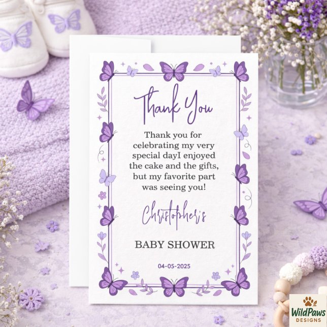 Cartão De Agradecimento Chá de Bebê Menina Borboleta Roxa (Purple Butterfly Baby Girl Baby Shower Thank You Card
)