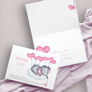 Cartão De Agradecimento Chá de Bebê Menina Elefante Rosa na Nuvem