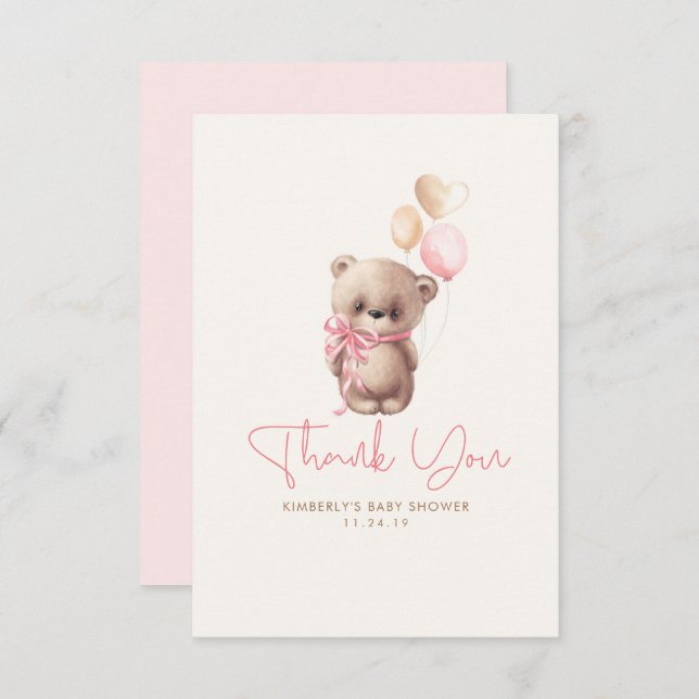 Cartão De Agradecimento Chá de Bebê Menina Fofa Ursinho de Pelúcia Obrigad (Frente/Verso)