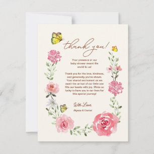 Cartão De Agradecimento Chá de Bebê Menina Jardim Rosa Floral Borboleta