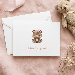 Cartão De Agradecimento Chá de Bebê Menina Urso Rosa Minimalista