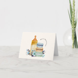 Cartão De Agradecimento Chá de Bebê Merci Macarons & Leite Azul