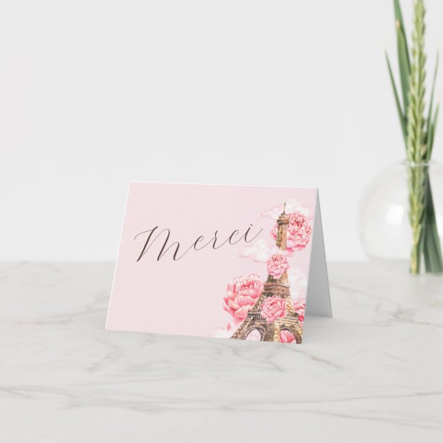 Cartão De Agradecimento Chá de Bebê Merci Rosa Paris (Frente)